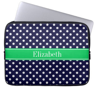 Housse Pour Ordinateur Portable Marine Blue Wt Polka Dot Emerald Nom vert Monogram