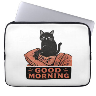 Housse Pour Ordinateur Portable Mème de bonjour chat noir sarcastique en linogravu