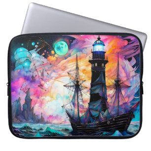 Housse Pour Ordinateur Portable Mer orageuse, phare de bateau Lune Abstrait