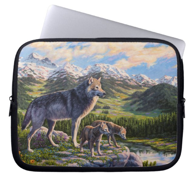 Housse Pour Ordinateur Portable Mère Wolf & Pups Mountain River Valley (Devant)