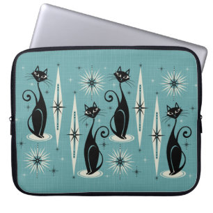 Housse Pour Ordinateur Portable Mi-siècle Meow Retro chats atomiques en bleu