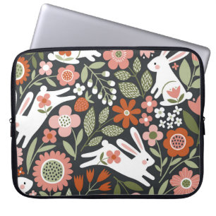 Housse Pour Ordinateur Portable Mignons lapins blancs, motif vintage fleuri.