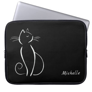 Housse Pour Ordinateur Portable Minimaliste Chat Blanc Sur Noir Ajouter Nom