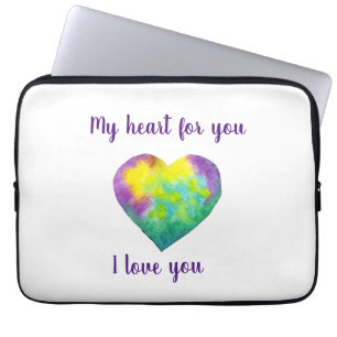 Housse Pour Ordinateur Portable Minimaliste Je t'aime coeur d'aquarelle arc-en-cie