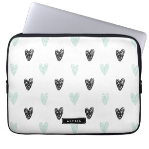 Housse Pour Ordinateur Portable Mint & Black Hearts Doodles Motif Personnalisé