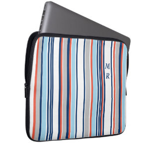 Housse Pour Ordinateur Portable Moderne Bleu Blanc Gris Rouge Gris Monogramme