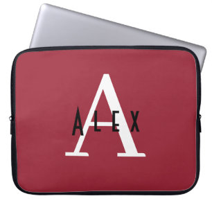 Housse Pour Ordinateur Portable Moderne Minimal Rouge Initial + Nom Monogramme