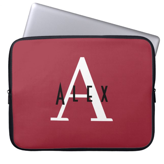 Housse Pour Ordinateur Portable Moderne Minimal Rouge Initial + Nom Monogramme (Devant)