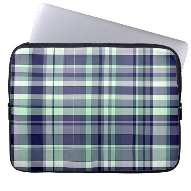 Housse Pour Ordinateur Portable Monnaie, Bleu Marine, Blancs Preppy Madras Plaid (Devant)