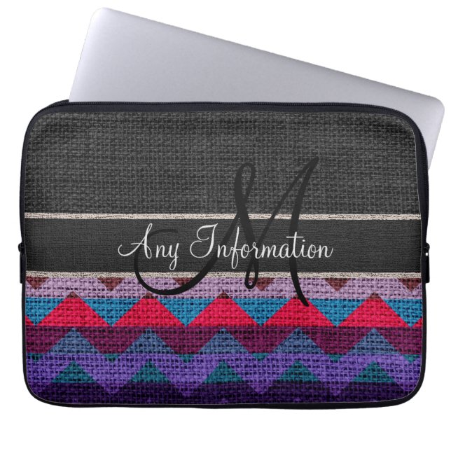 Housse Pour Ordinateur Portable Monogram Black Chevron Zigzag Burlap Jute (Devant)
