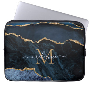 Housse Pour Ordinateur Portable Monogram Name Agate Navy Blue Gold Gemstone Marble