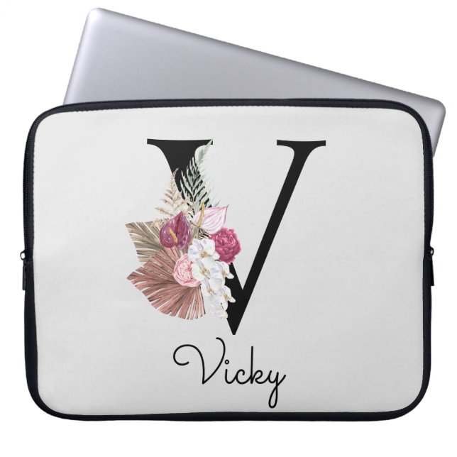 Housse Pour Ordinateur Portable Monogram Pink Boho Girly Floral Initial V (Devant)