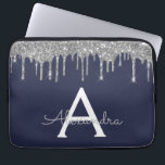 Housse Pour Ordinateur Portable Monogramme à étincelle de Parties scintillant en a<br><div class="desc">Marine Bleu et Argent Faux Dripping Parties scintillant Fille moderne et élégante et Coque de Monogramme Élégant étincelant. Ce coque peut être customisé pour inclure votre nom initial et prénom.</div>