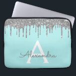 Housse Pour Ordinateur Portable Monogramme à étincelles de Parties scintillant d'a<br><div class="desc">Bleu turquoise - Aqua and Silver Faux Dripping Moderne et élégante Parties scintillant de fille et Coque de Monogramme Élégant étincelant. Ce coque peut être customisé pour inclure votre nom initial et prénom.</div>