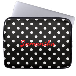 Housse Pour Ordinateur Portable Monogramme à motif à pois noir et blanc très migno