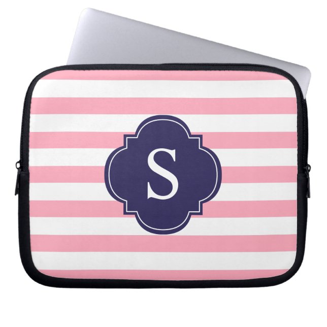 Housse Pour Ordinateur Portable Monogramme à rayures roses et bleues (Devant)
