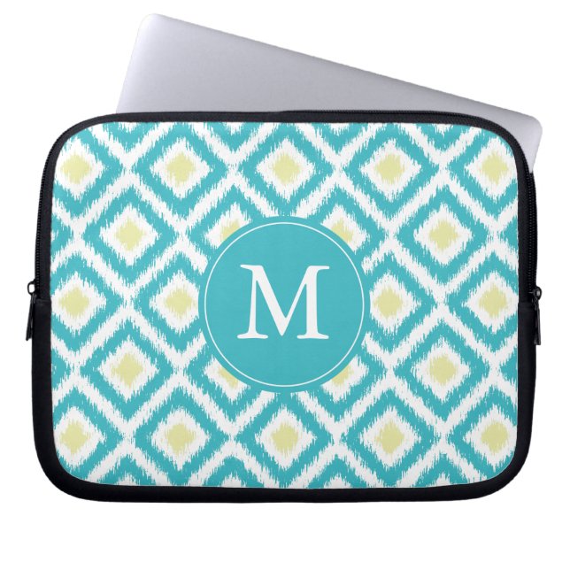 Housse Pour Ordinateur Portable Monogramme Aqua Lemon Diamond Ikat Motif (Devant)