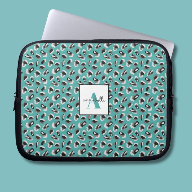 Housse Pour Ordinateur Portable Monogramme Aqua Léopard Impression Animale Personn (Turquoise animal print personalied laptop sleeve)