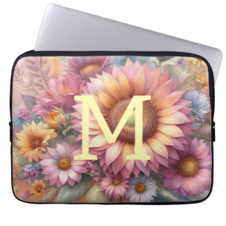 Housse Pour Ordinateur Portable Monogramme aquarelle florale rose tournesol jaune