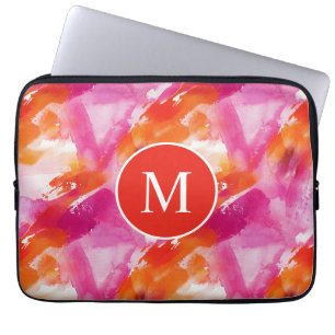 Housse Pour Ordinateur Portable Monogramme Aquarelle Rose Orange Abstrait