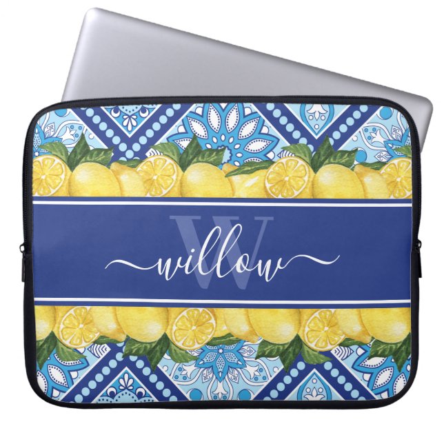 Housse Pour Ordinateur Portable Monogramme arrière en carreaux bleu citron (Devant)