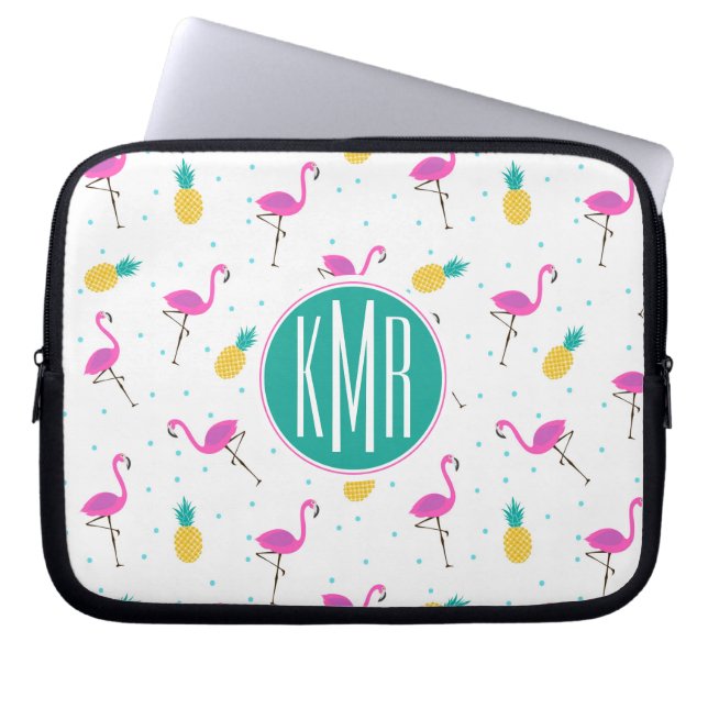 Housse Pour Ordinateur Portable Monogramme au néon des Flamants roses | (Devant)