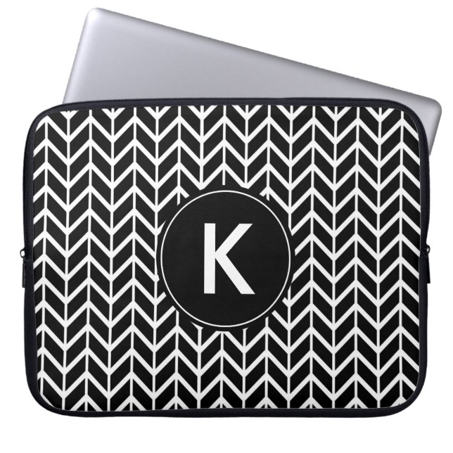 Housse Pour Ordinateur Portable Monogramme blanc noir de Chevron (Devant)