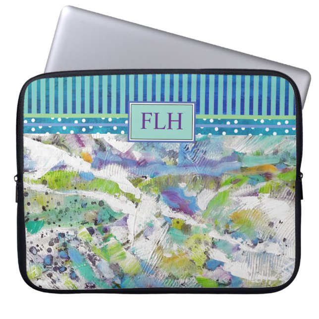 Housse Pour Ordinateur Portable Monogramme Bleu Vert Abstrait Art et rayures (Devant)