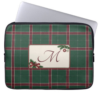 Housse Pour Ordinateur Portable Monogramme carreau Noël Héritage pin vert vin