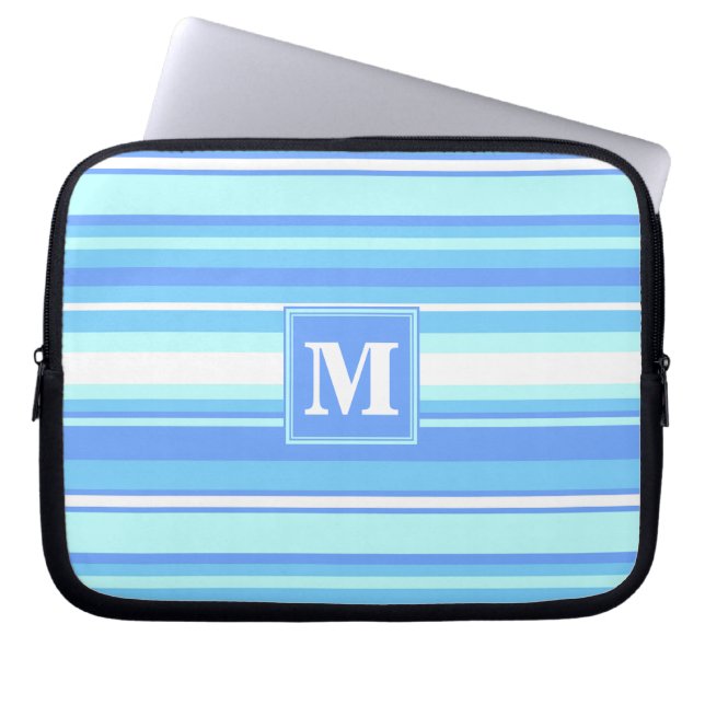Housse Pour Ordinateur Portable Monogramme ciel bandes bleues (Devant)