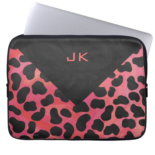 Housse Pour Ordinateur Portable Monogramme Dalmatien Noir et Rouge (Devant)