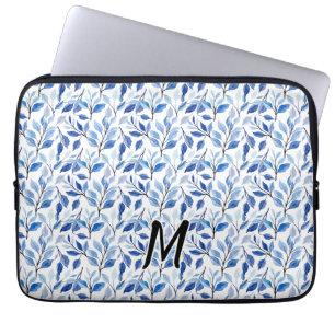 Housse Pour Ordinateur Portable Monogramme d'art fin en mosaïque de feuilles bleue