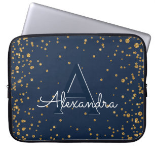 Housse Pour Ordinateur Portable Monogramme de confetti bleu et or de la marine