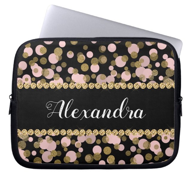 Housse Pour Ordinateur Portable Monogramme de confetti rose, noir et or (Devant)
