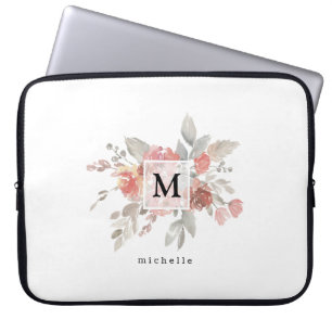 Housse Pour Ordinateur Portable Monogramme de fleur gris rose poussiéreux élégant