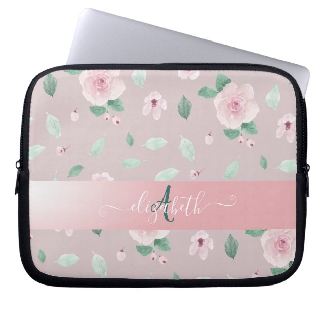 Housse Pour Ordinateur Portable Monogramme de fleurs à l'aquarelle chic (Devant)