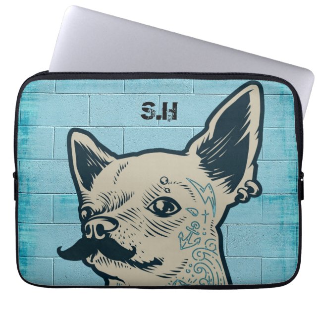 Housse Pour Ordinateur Portable Monogramme de graffiti Mustache Chihuahua (Devant)