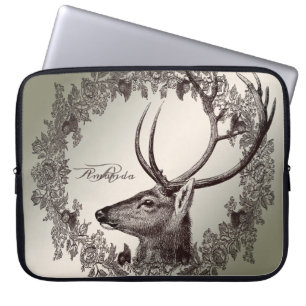 Housse Pour Ordinateur Portable Monogramme de Noël Floral Renne Doré Hiver