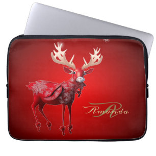 Housse Pour Ordinateur Portable Monogramme de Noël Renne Rouge Vacances d'Hiver