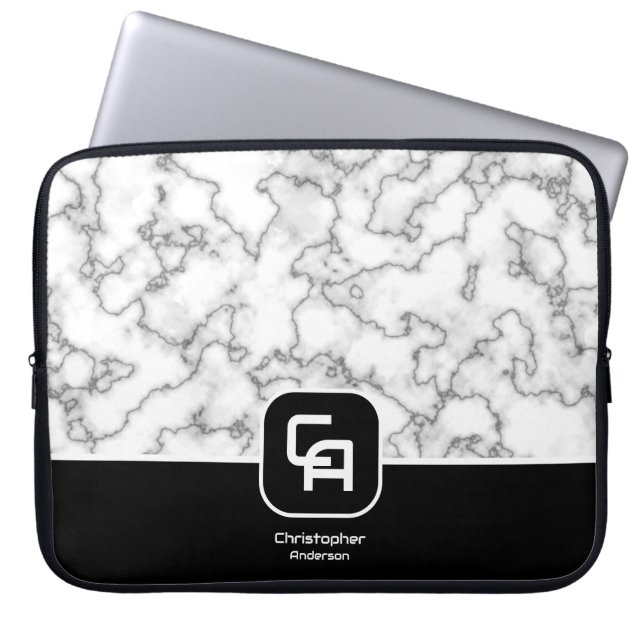 Housse Pour Ordinateur Portable Monogramme de pierre noir blanc (Devant)