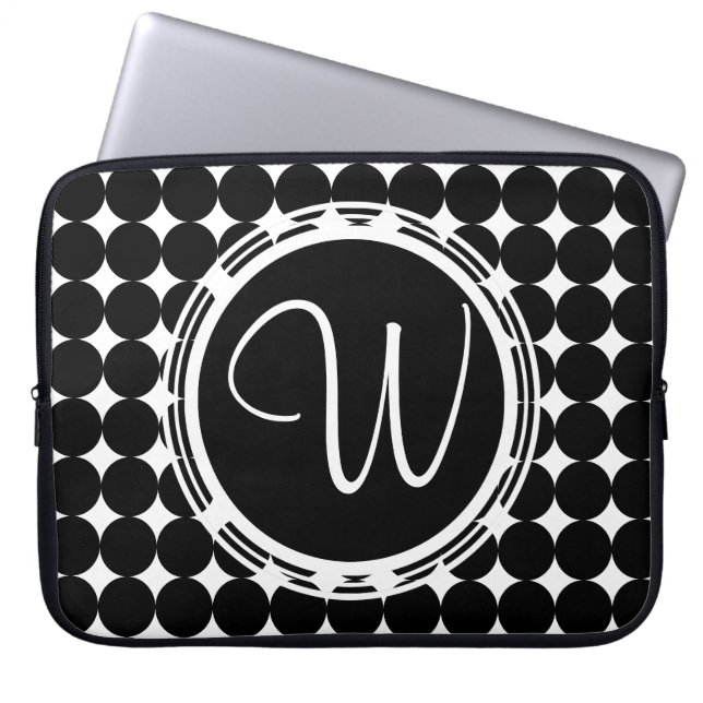 Housse Pour Ordinateur Portable Monogramme de point Polka Noir (Devant)