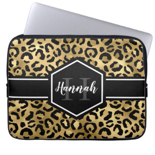Housse Pour Ordinateur Portable Monogramme de points de léopard noir or