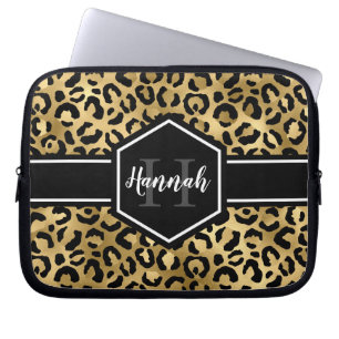 Housse Pour Ordinateur Portable Monogramme de points de léopard noir or