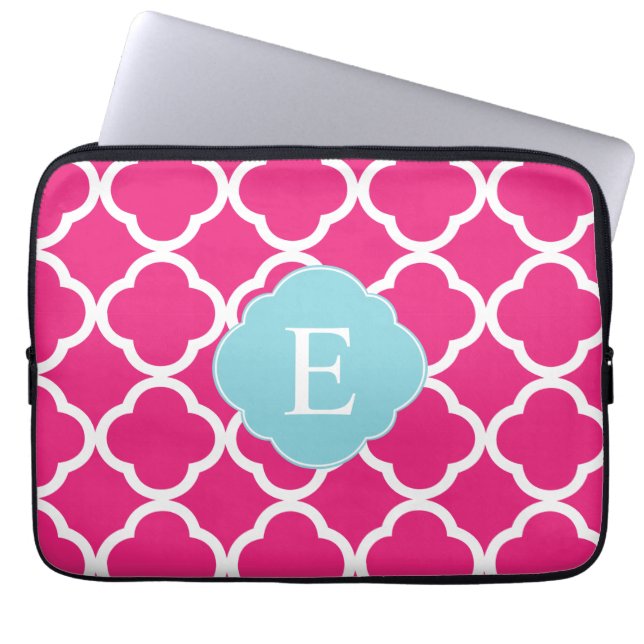Housse Pour Ordinateur Portable Monogramme de Quatrefoil bleu rose (Devant)