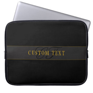 Housse Pour Ordinateur Portable Monogramme de script élégant noir et or