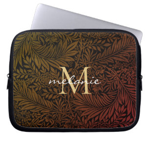 Housse Pour Ordinateur Portable Monogramme de script floral or orange rouille élég