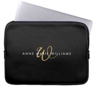 Housse Pour Ordinateur Portable Monogramme de script Or Noir Moderne