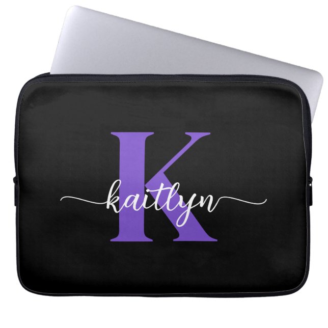 Housse Pour Ordinateur Portable Monogramme de script violet noir (Devant)