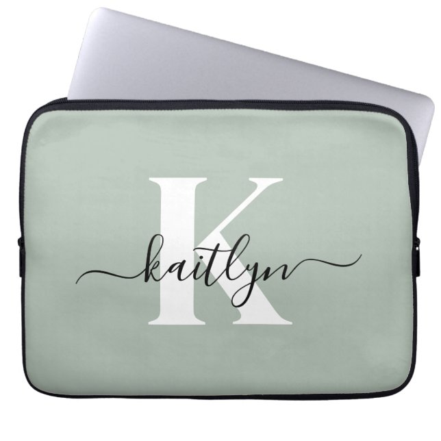 Housse Pour Ordinateur Portable Monogramme de style moderne vert sauge (Devant)