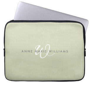 Housse Pour Ordinateur Portable Monogramme de style moderne vert sauge blanc